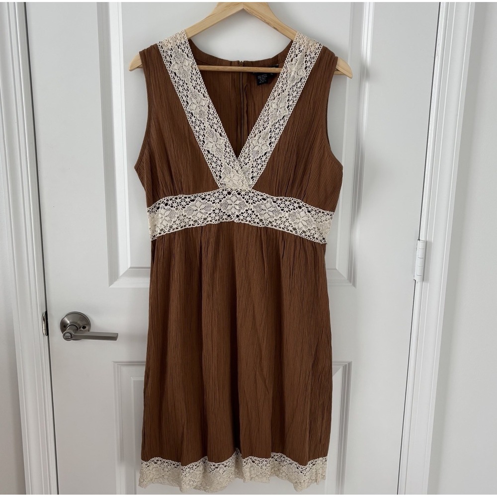 Boston Proper | Brown V-Neck Sleeveless Crinkle Cotton Crochet Dress Size 16